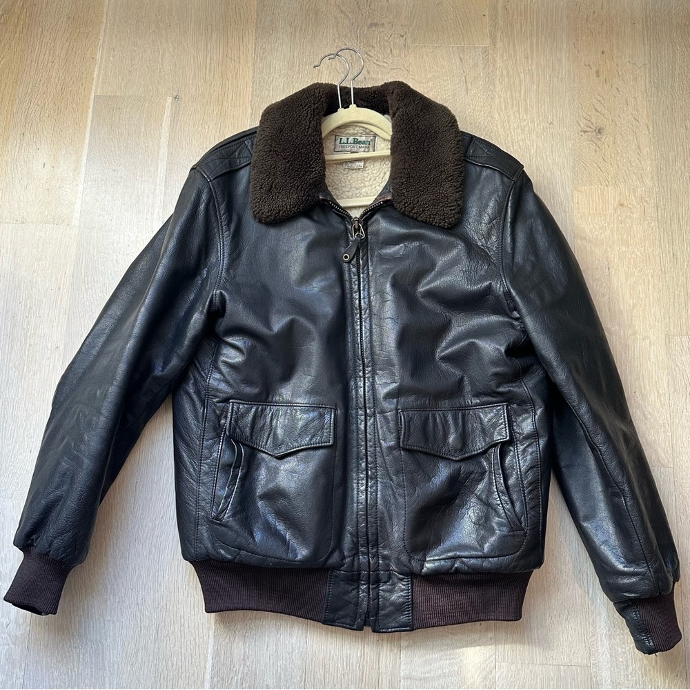 Vintage LL Bean Leather Bomber Jacket with Sheepskin Mouton Collar - Size 42L